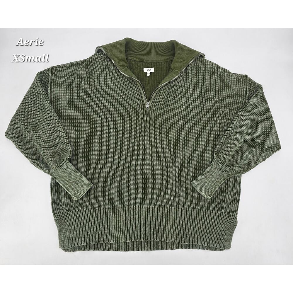 Aerie Beyond Olive Green Ribbed Quarter Zip Sweater XS Oversized Cotton Pullover